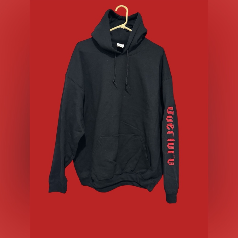 Gildan Black Hoodie with Red Sleeve Text large or medium Soft NWT $75